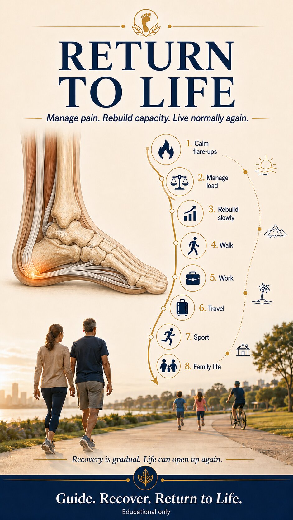 An illustrated pathway: calm flare-ups, manage load, rebuild slowly, then walking, work, travel, sport and family life.
