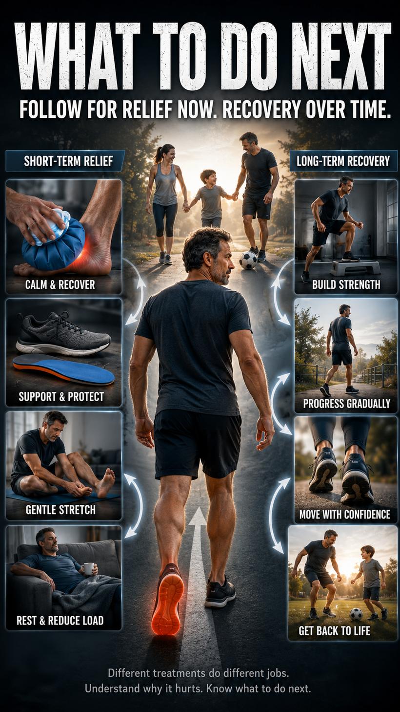 Short-term relief on one side — cooling, support, gentle stretching, reducing load — and long-term recovery on the other: building strength, progressing gradually, moving with confidence, getting back to life.