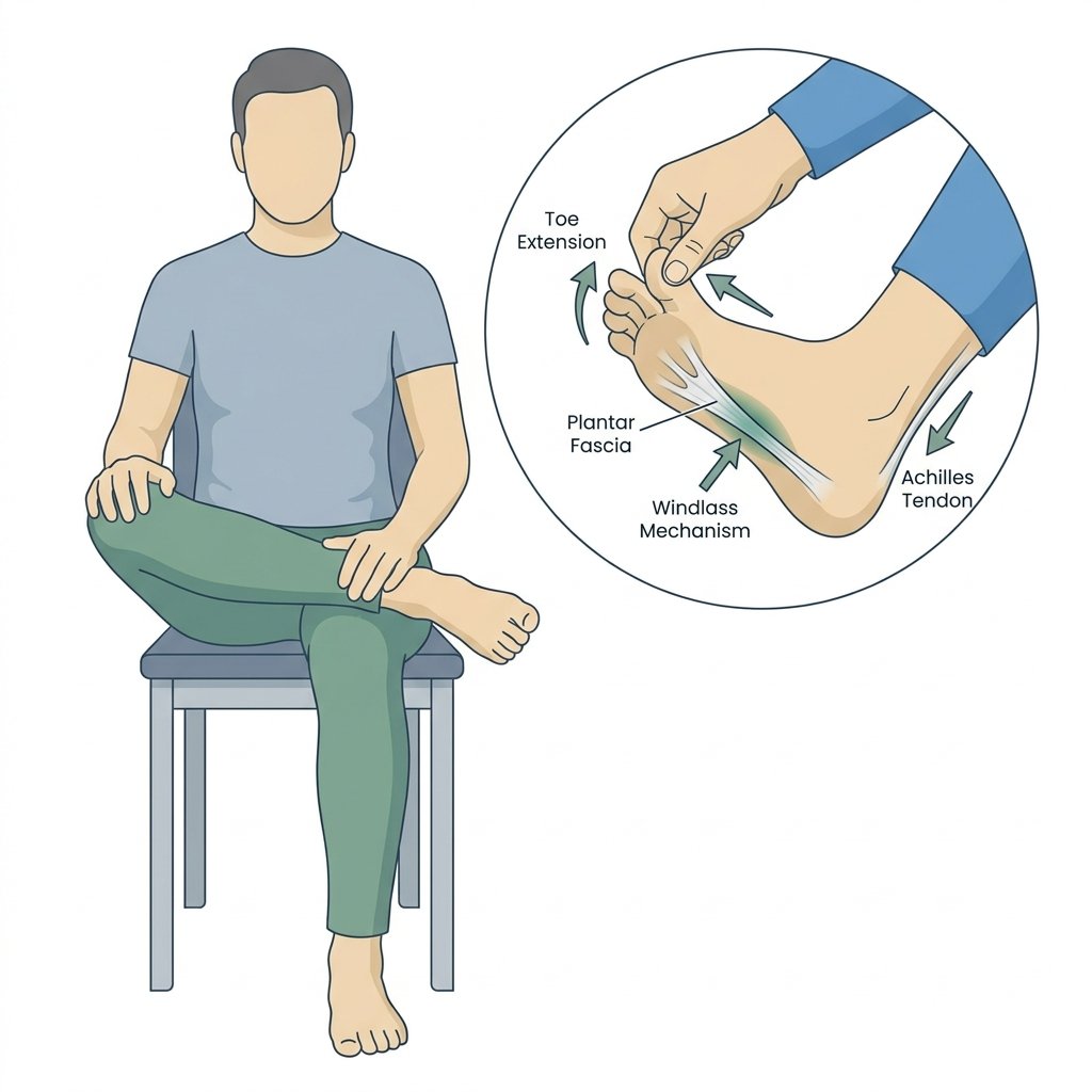 Seated person with the sore foot crossed over the opposite knee, pulling the toes back