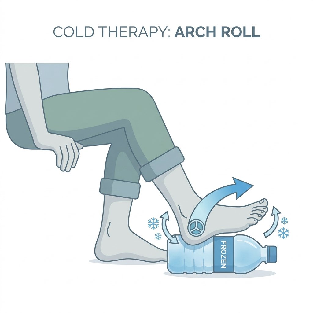 Foot rolling a frozen water bottle under the arch while seated