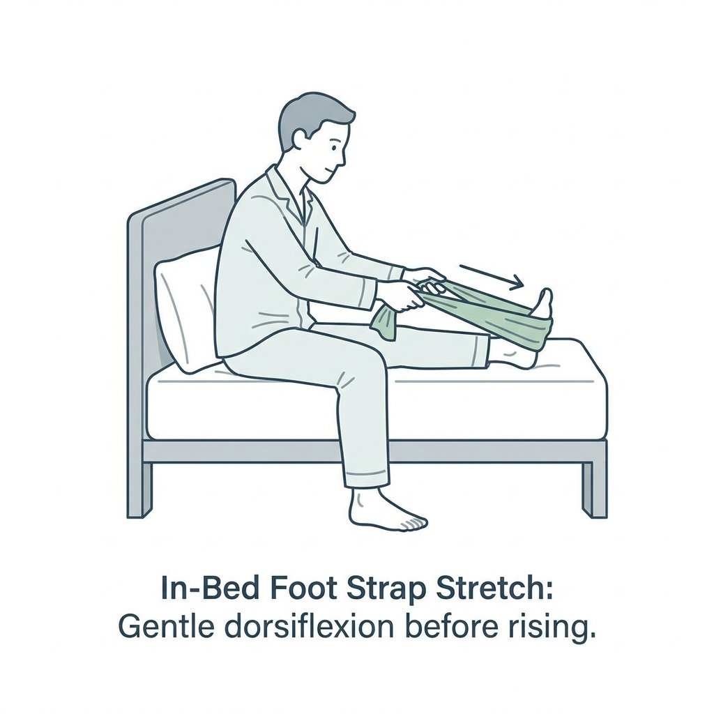 Person sitting up in bed pulling a strap looped around the ball of the foot