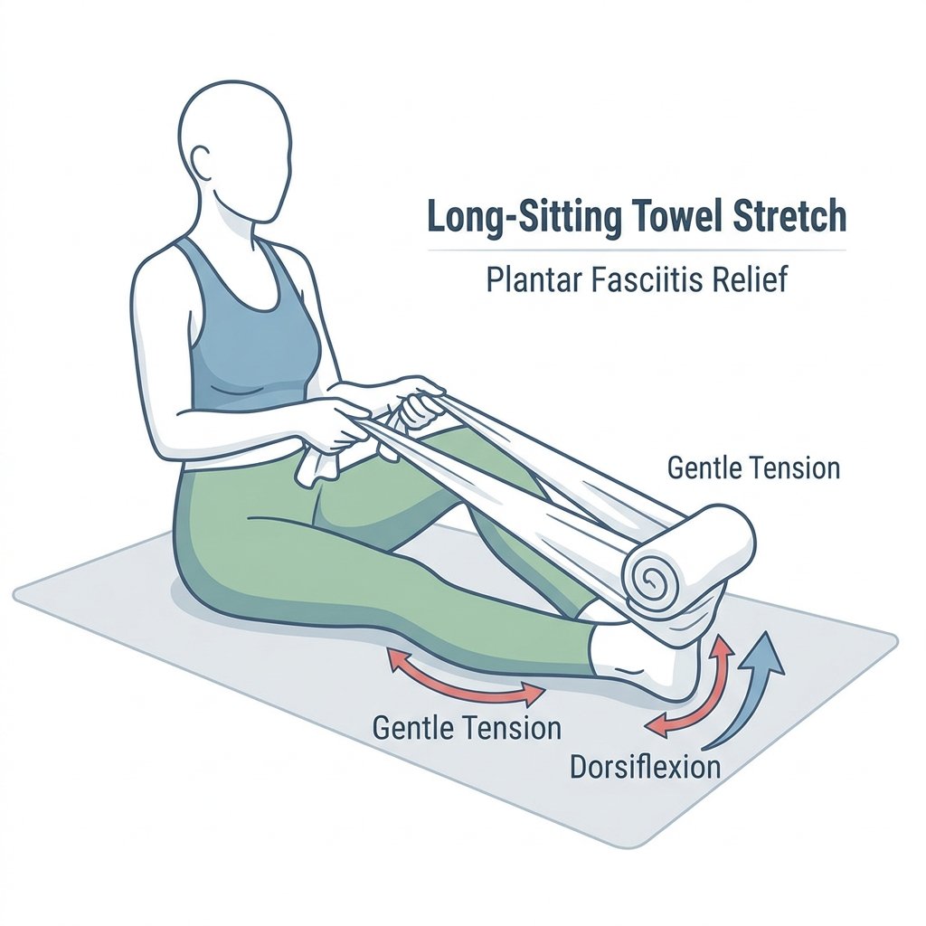 Person sitting on a mat with legs straight, pulling a towel around the foot